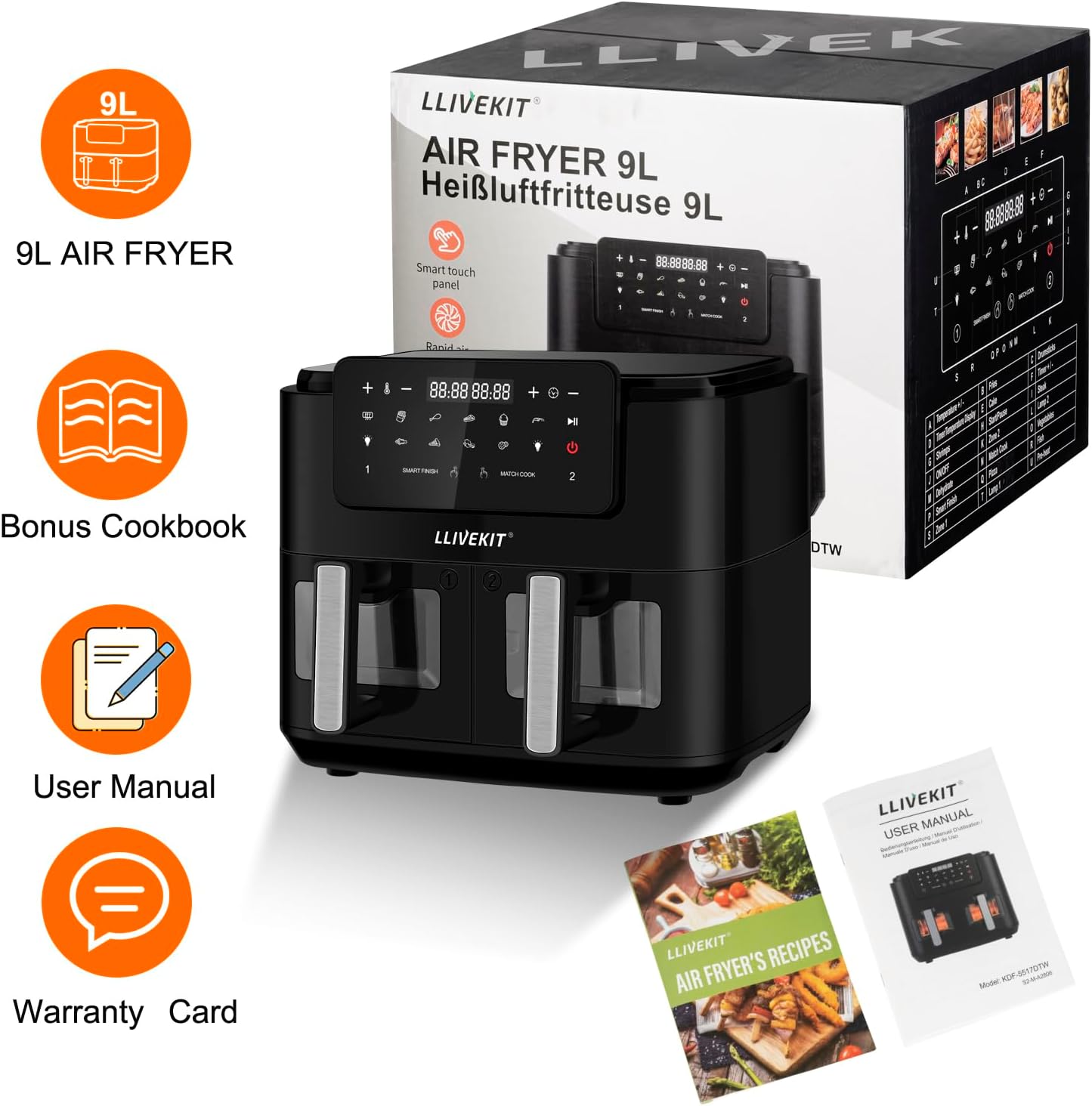 LLIVEKIT Air Fryer box contents including user manual and cookbook