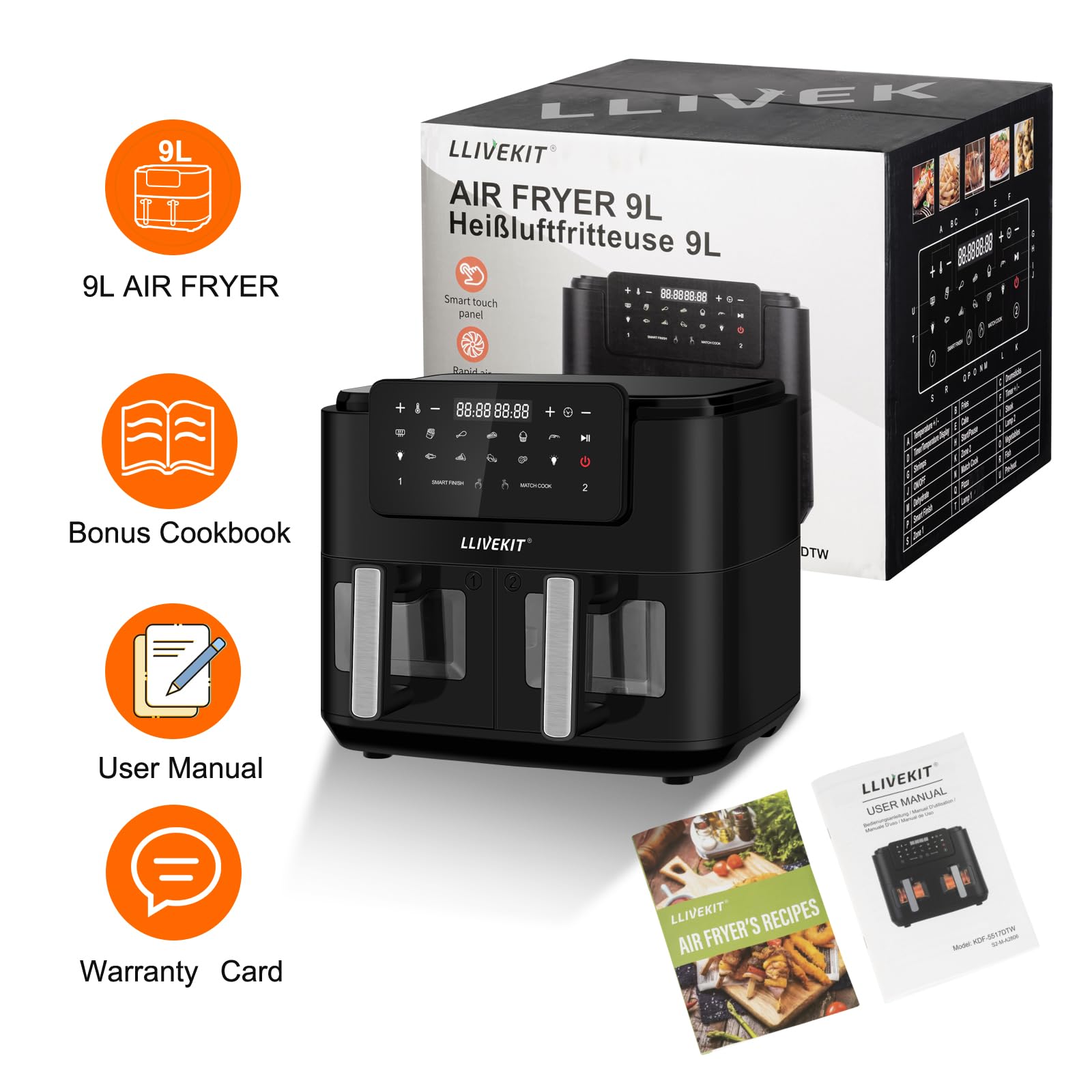 LLIVEKIT Frytkownica na gorące powietrze Dual Zone z okienkiem, 9 l, XXL, bez tłuszczu, z ustawieniami gotowania 9 w 1, 2 szuflady, ekran dotykowy, funkcja Smart i timer, zdrowa i niskotłuszczowa | 9 w 1, piekarnik XXL bez oleju, piekarnik na gorące powie