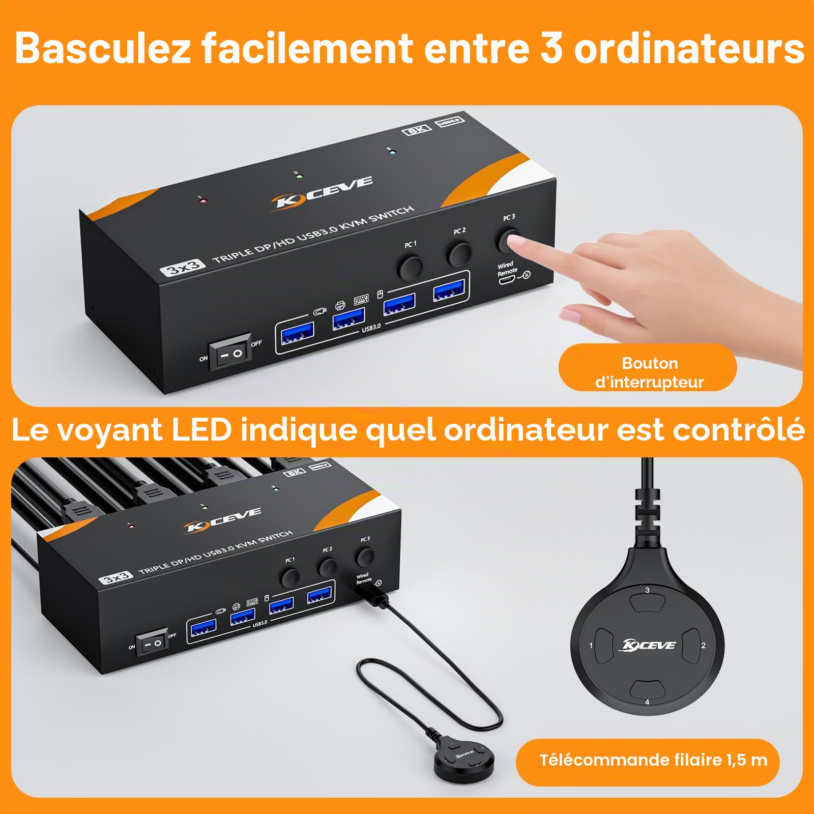 KVM Switch 3 PC 3 Moniteurs 8K@60Hz / 4K@144Hz, DisplayPort 1.4 HDMI 2.1 USB 3.0 KVM Switch Triple Monitor pour 3 PC Partage Souris, Clavier, Wired Remote(8K HD DP 3 in 3 out KVM)