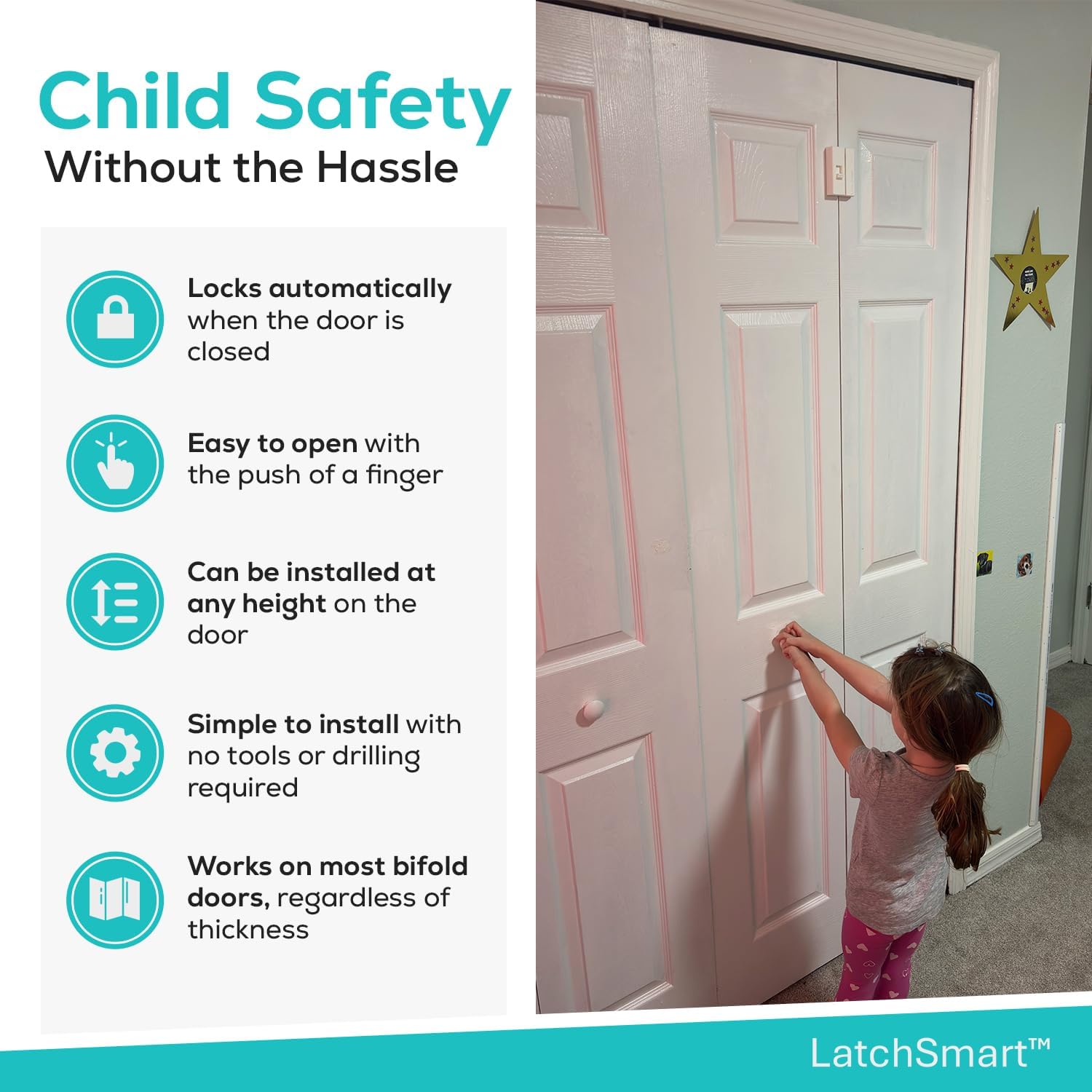 Bi-Fold Door Lock (2-Pack), Locks Automatically, Child & Pet Safety Lock Exclusively for Reach-in Closets and Pantries with Bifold Folding Doors, Easy One-Touch Operation & Installation