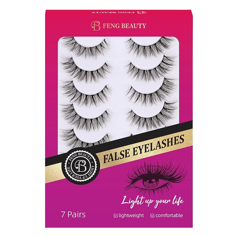 Cílios postiços FENG BEAUTY estilo cat eye com faixa transparente, fibras sintéticas de 0,07 mm e comprimento de 7 a 12 mm, pacote com 7 pares