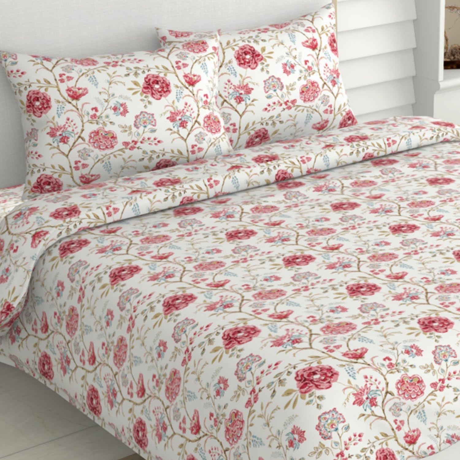 100% Cotton Bed Sheet for King Size Bed, 1 King Size Bedsheet Cotton (108 x 108 Inches) with 2 Pillow Covers | 186 TC Bedsheet for Double Bed King Size Modern Heritage (Red)