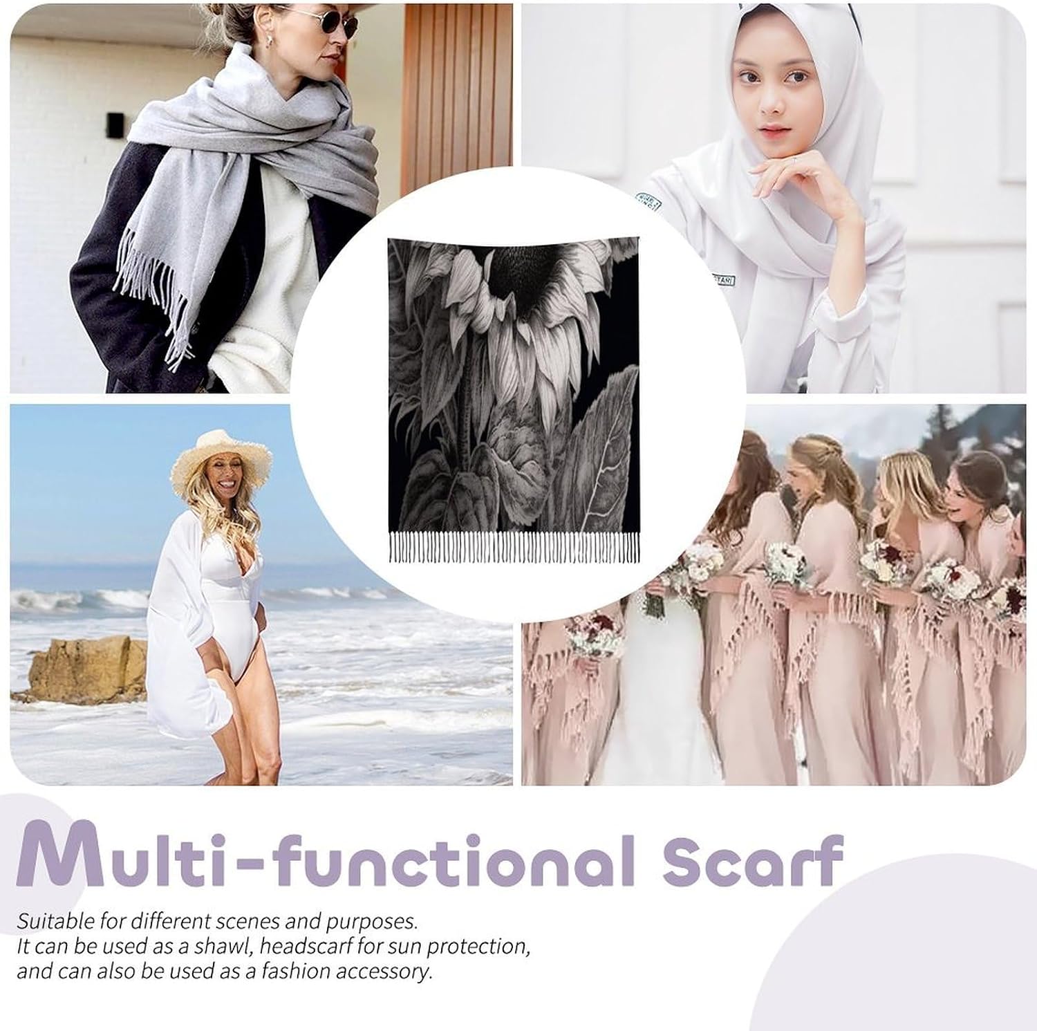 Sunflower Black Grey Scarf for Women Men Classic Fashion Blanket Scarves Soft Cashmere Feel Scarf Cold Weather Warm Long Shawl Winter Large Scarves Classic Blanket Scarfs Thick