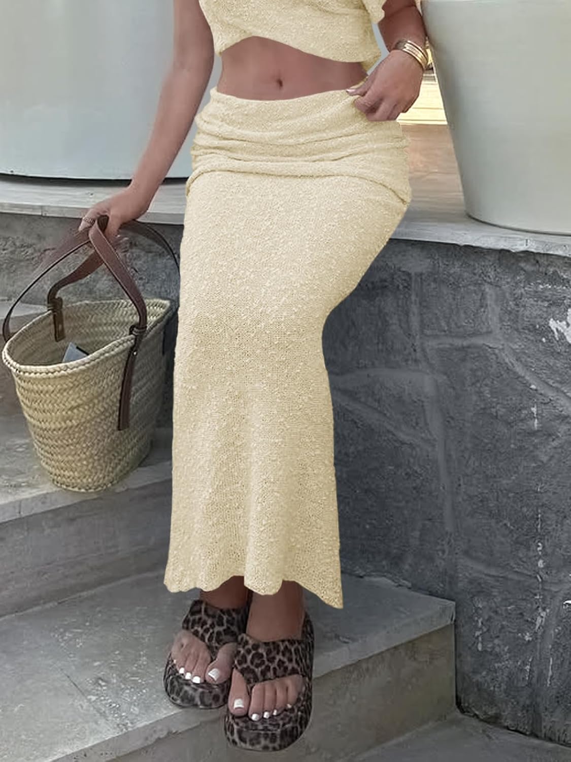 Saodimallsu Womens Beach Cover Up Maxi Skirt Sheer Fuzzy Knit Fold Over Mid Rise 2026 Summer Swimsuit Coverup