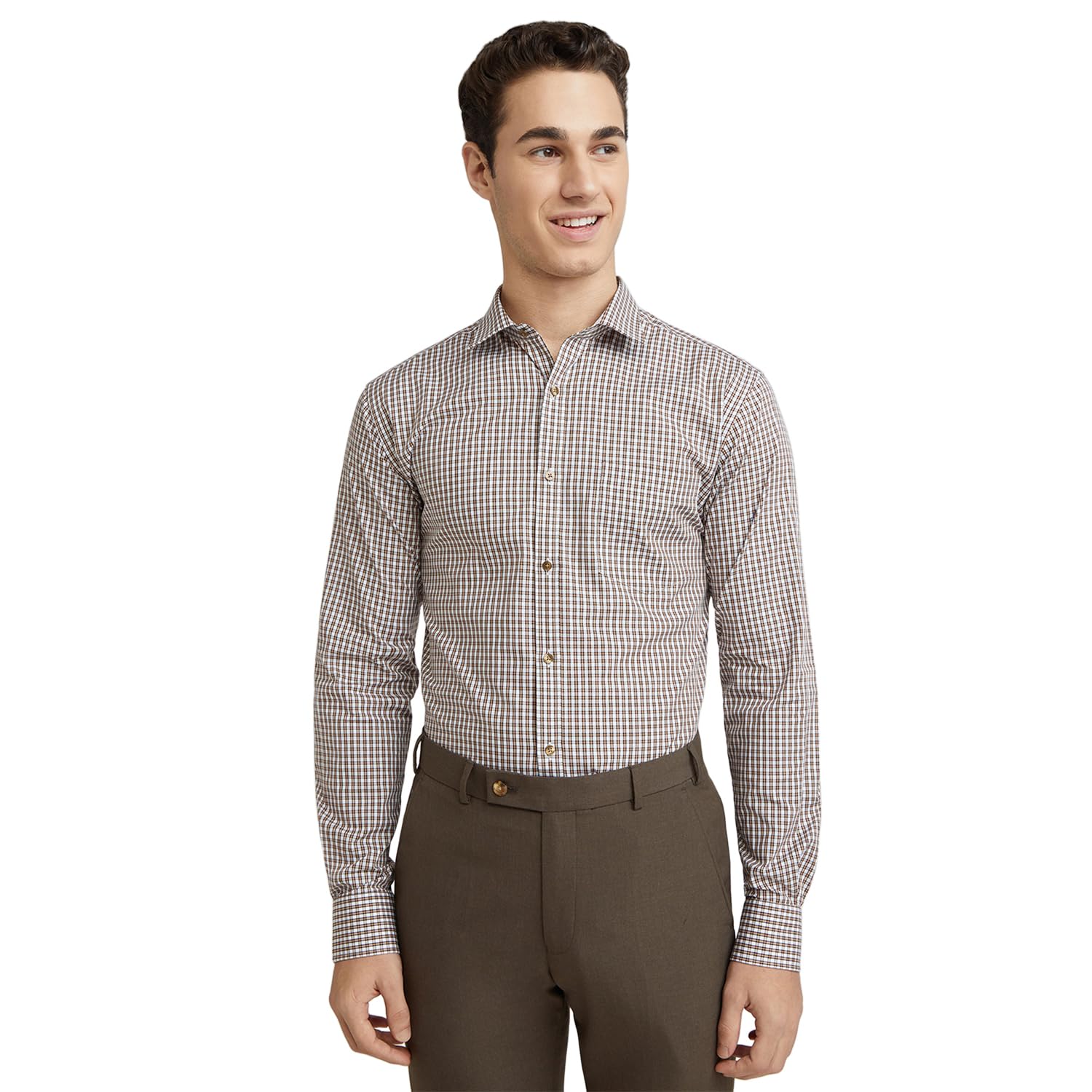 Park Avenue Men’s Pure Cotton Checks Pattern Slim Fit Semi Cutaway Collar Full Sleeve Formal Shirt