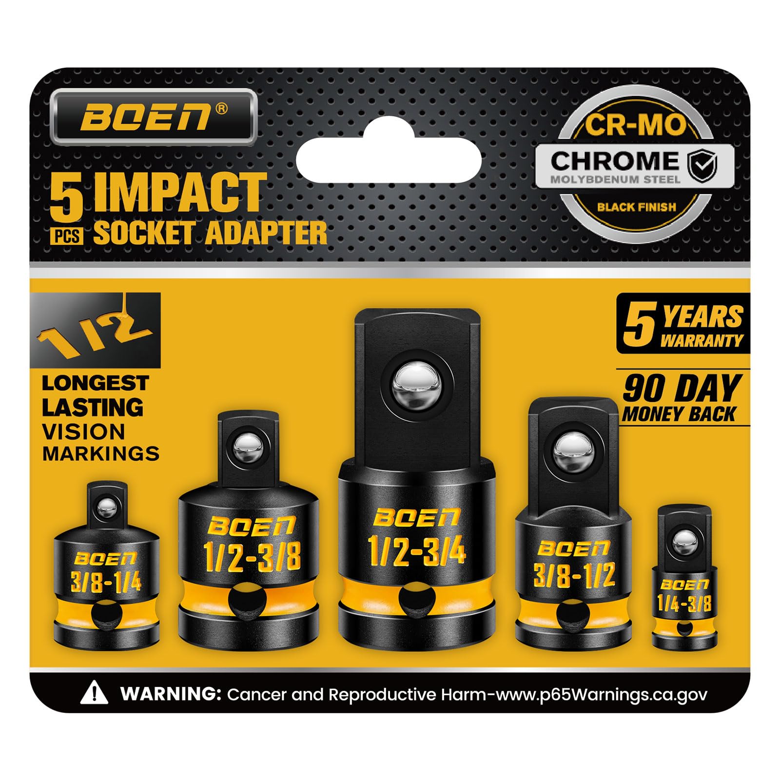 Mr.wintek PRO 5-Piece Impact Socket Adapter Set and Reducer Set, (1/4", 3/8", 1/2") Drive Size Converters for Impact Wrenches, CR-MO Steel, Embossed and Painted Marking