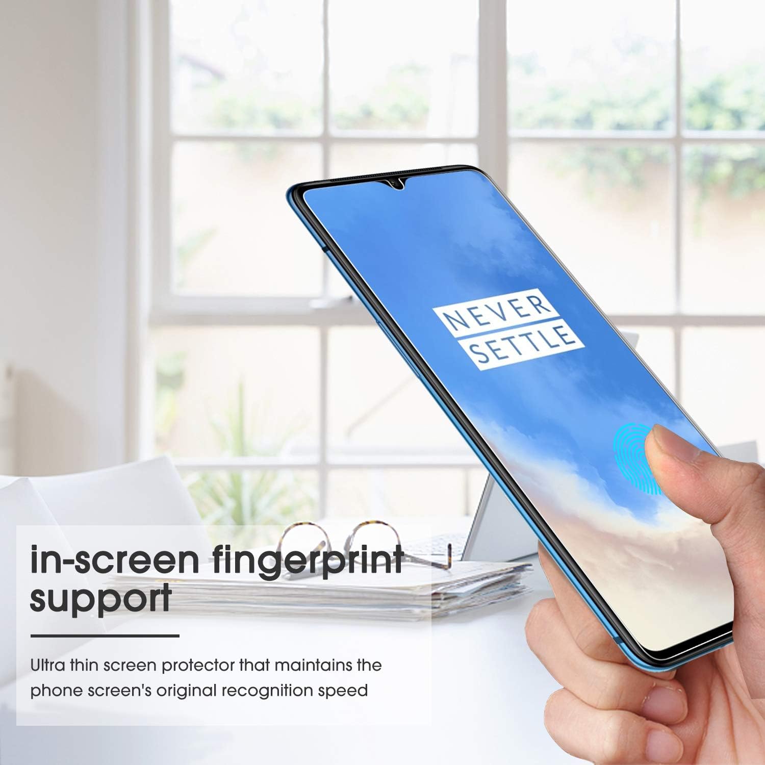 [4 Pack] OnePlus 7T Screen Protector - OMOTON Tempered Glass Screen Protector for OnePlus 7T, 6.55 Inch [High Definition] [Case Friendly] [Bubble Free], Not Full Coverage