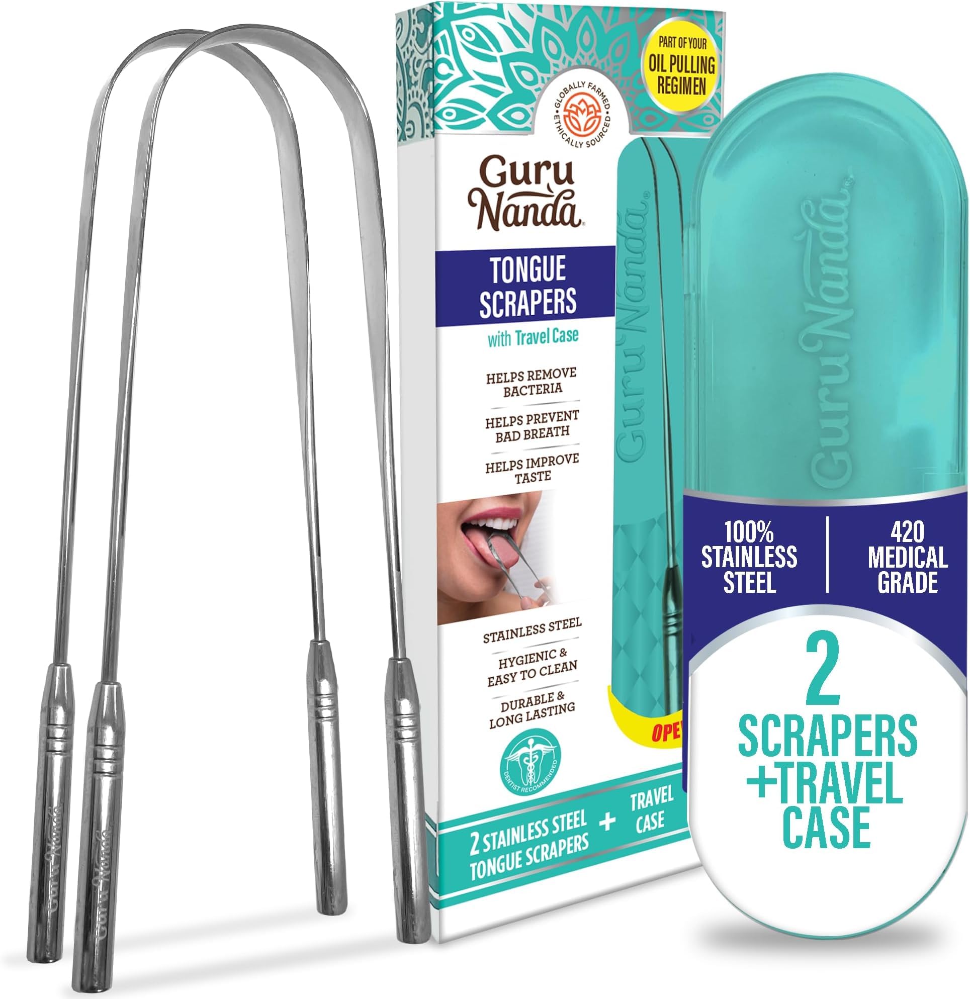 GuruNanda Tongue Scraper for Adults (12 Pack) with Travel Case, 420 Medical-Grade 100% Stainless Steel Tongue Cleaner, Aids in Fresh Breath &amp; Oral Care