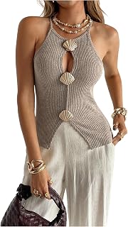 Women's Cut Out Sleeveless Halter Tops Shell Metal Ribbed Going Out Outfit