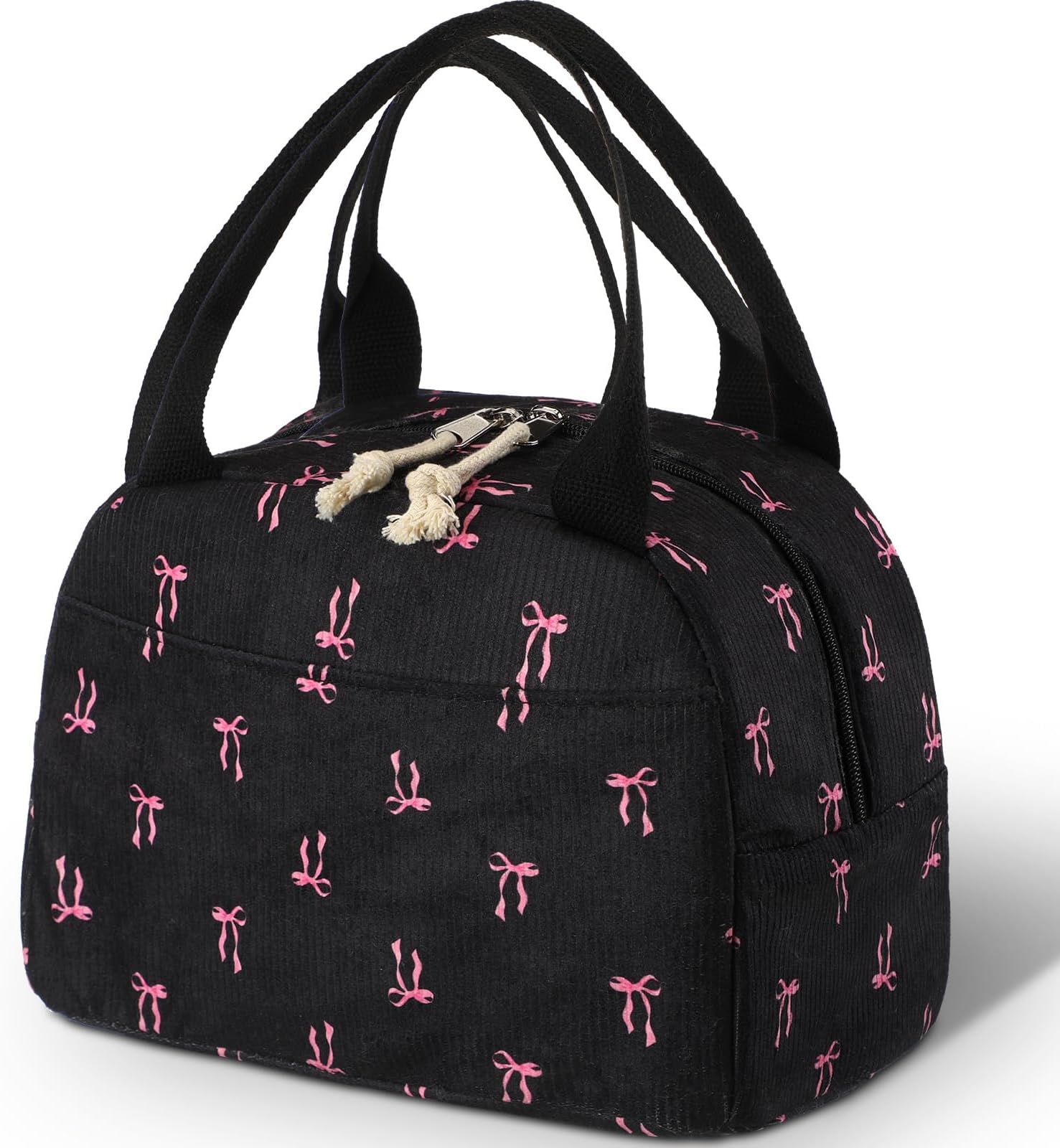 Dansydaisy Black and Pink Bow Lunch Bag Cute Corduroy Insulated Pink Bow Lunch Box for Women Coquette Tote Bag Reusable Large Capacity Cooler Containers Preppy Stuff Gifts for Picnics Travel Outdoor