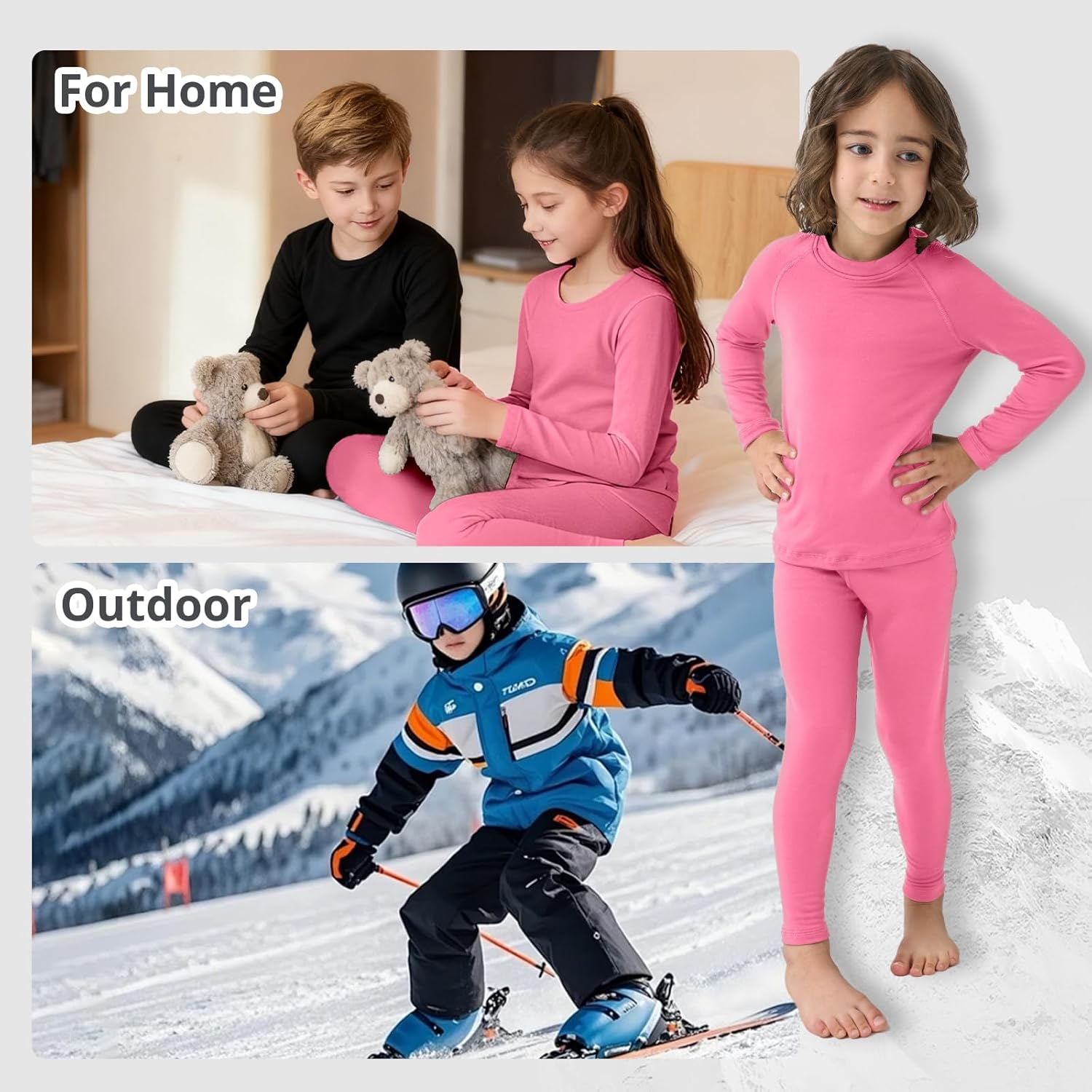 2T-6Y Fleece Lined Toddler Thermal Set, Thermal Underwear for Kids, Black Base Layer Long Johns for Boys Girls - Image 5