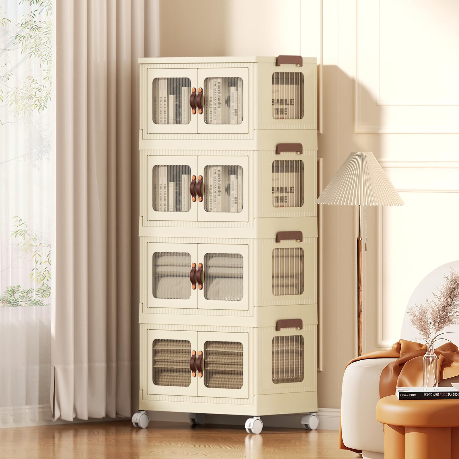 Photo 1 of villertech Stackable Storage Bins 30 Qt, Collapsible Storage Bins with Lids and Doors, Open Front Folding Storage Box with Wheels Plastic Storage Containers Closet Organizers (4 Tier) 30 Qt 4 Tier