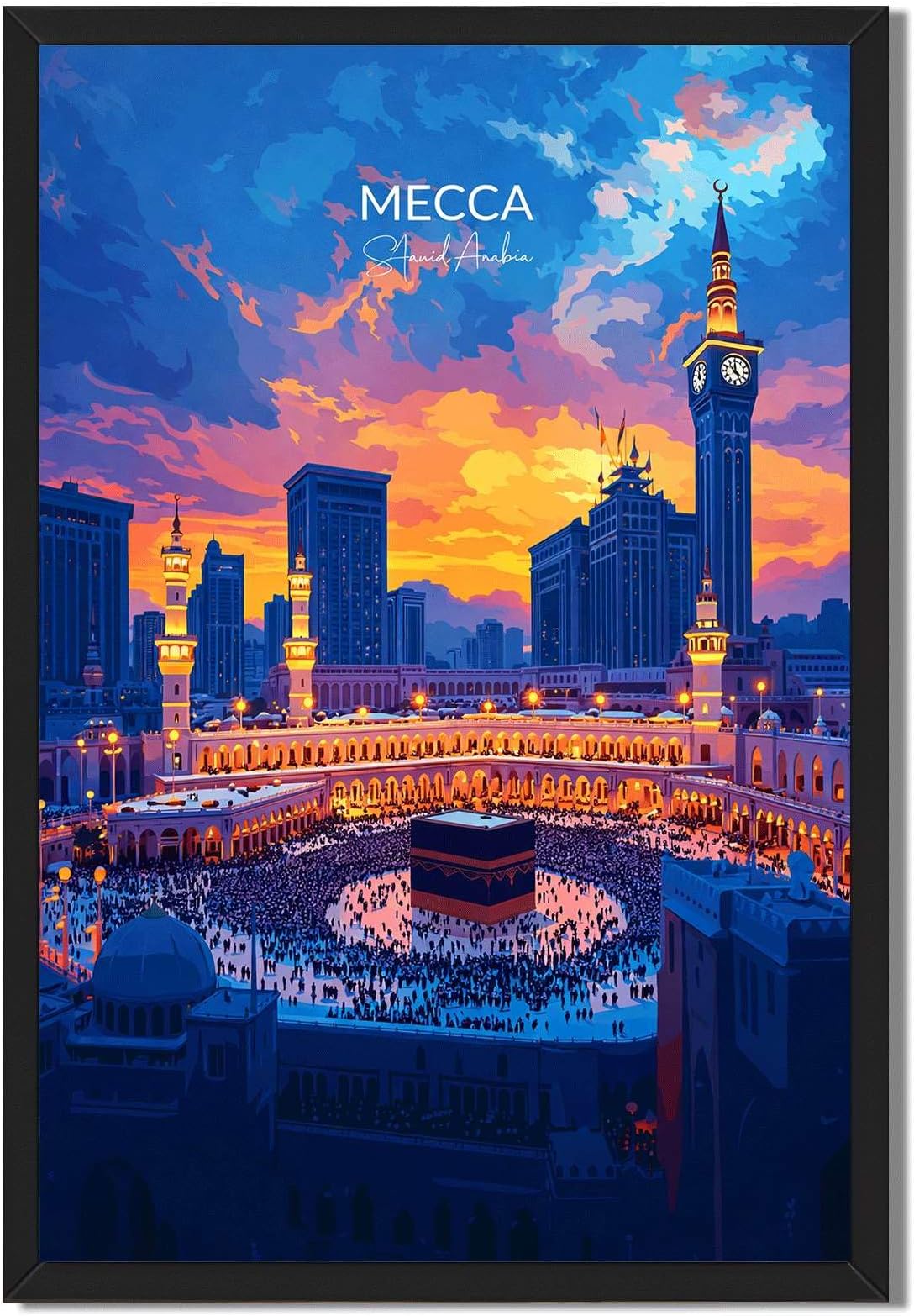 Mecca Skyline Sunset Canvas Wall Art Middle Eastern Architecture Kaaba Landscape Painting Print for Living Room Bedroom Home Decoration Muslim Culture Artwork (Black Framed,12”LX16 W)