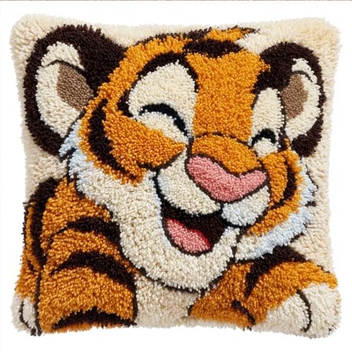WallustrioaW Latch Hook Kit Cushion Tigers 43Cmx43Cm Latch Hook Kit DIY Pillow Materials Package Hooks Knitted Embroidered Carpet Pillow Embroidery