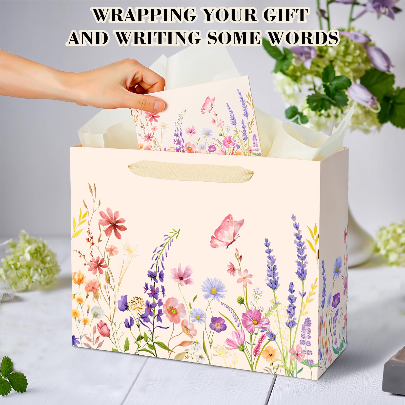 Miakutho 13" Large Gift Bag with Tissue Paper and Card (Floral Design, Gold Foil Accents), 2 Pack Paper Bags with Ribbon Handle for Girls & Women, Birthdays, Baby Shower, Weddings