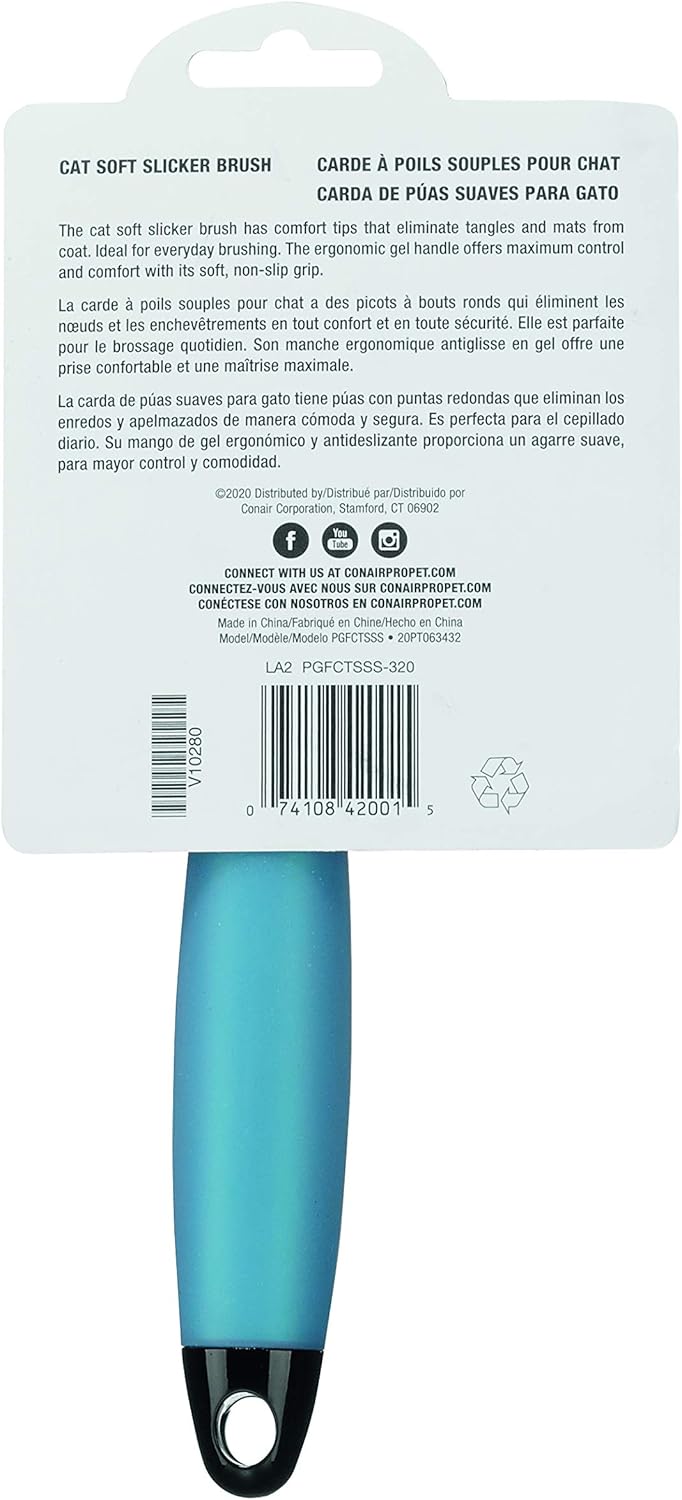 CONAIRPRO dog & cat Cat Soft Slicker Brush, Cat Brush for Shedding, Removes Tangles, Mats & Loose Hair, Soft Coated Pins for Gentle Brushing, Memory Gel Grip Handle : Pet Supplies