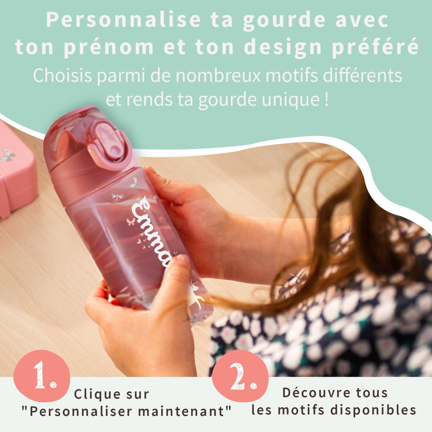BIENMARQUER Gourde Personnalisable Enfant 450mL Bleu Clair Anti-Fuite