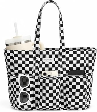 LONG VACATION Corduroy Tote Bag for Women, 16 Pockets Large Work Laptop Bag
