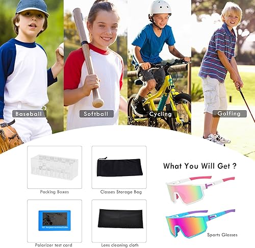 Vista 60 de MVPTGRS Gafas de sol de béisbol juveniles para niños y niñas de 8 a 14 años TR90 con marco para niños, gafas de sol deportivas para sóftbol