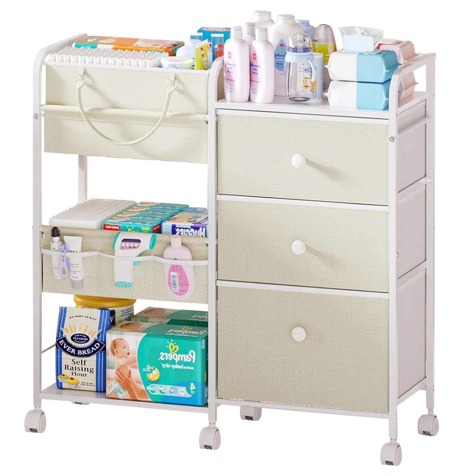 Chariot de Rangement Bébé 2-en-1 à roulettes, Organisateur Multi-Fonction avec Tiroirs et Compartiments, Grande Capacité pour Table à Langer, Lit, Berceau et Chambre de Bébé(Blanc)