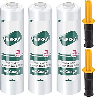 Stretch Film, HERKKA Stretch Wrap with Handles Industrial Strength, Moving Wrapping Plastic Roll, Stretch Wrap for Pallet Wrap, 15" x 1000 Feet, 3 Pack, 80 Gauge