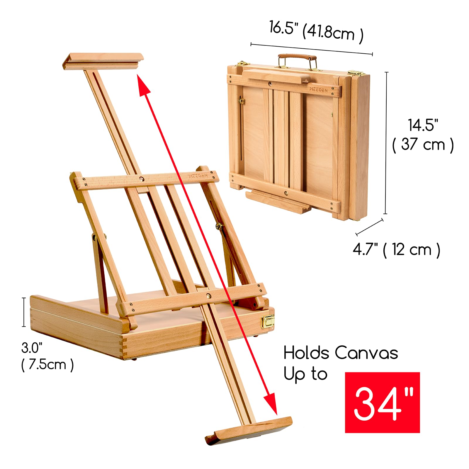 Meeden Studio Sketchbox Chevalet de table avec tiroir doublé en métal – Réglable en bois de hêtre massif et chevalet de boîte à croquis avec rangement, parfait pour studio ou Plein Air
