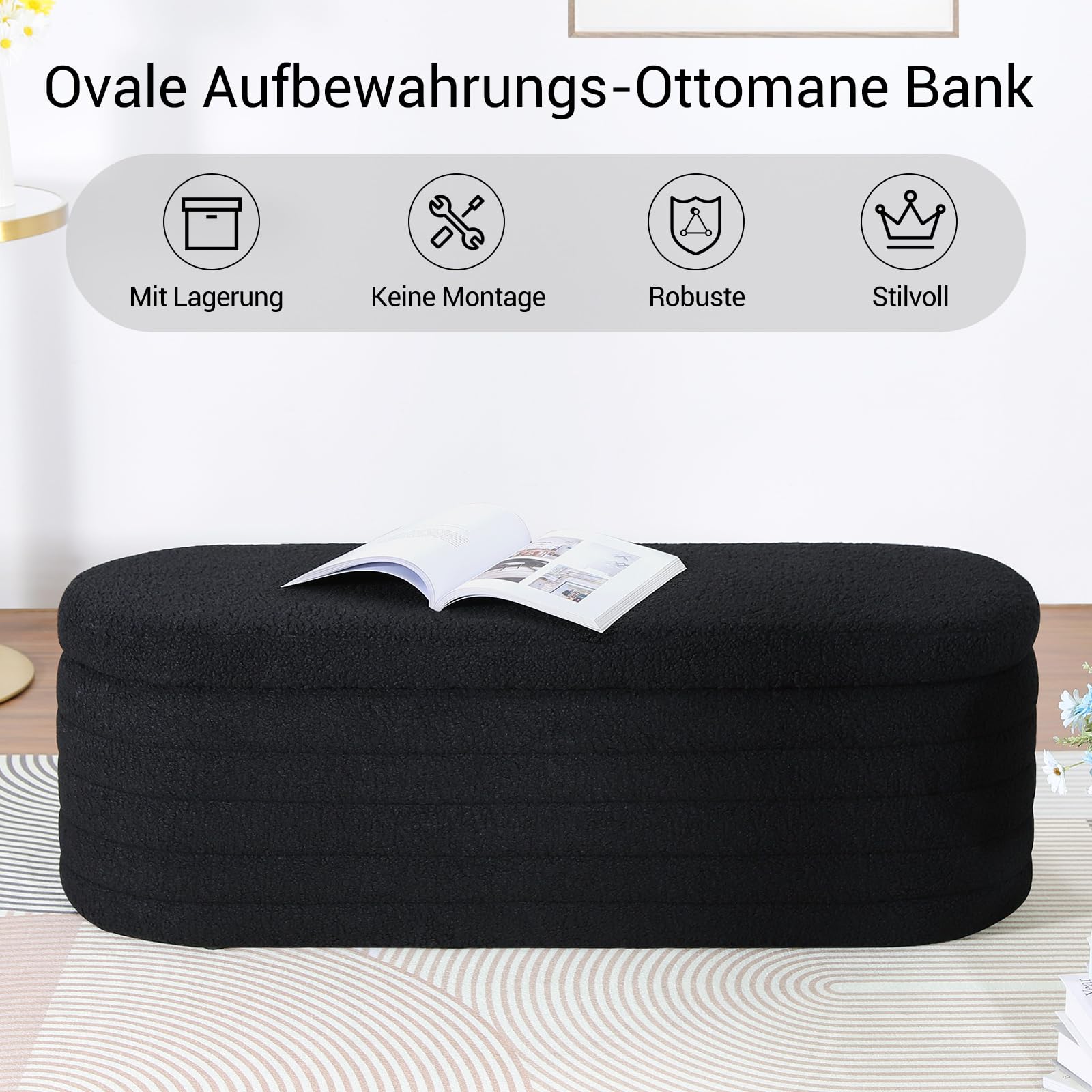 Sitzhocker mit Stauraum, Teddystoff Bank mit Stauraum，Moderner Sitzbank Schlafzimmer, Polsterbank für Wohnzimmer, Flur (Schwarz 117x41,5x40 cm)