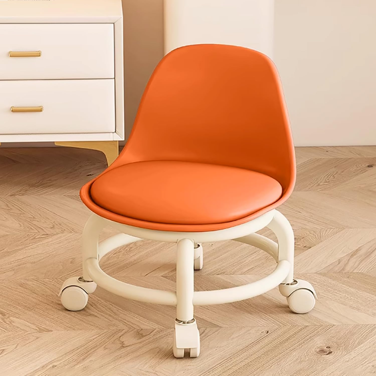Rolling Pulley Stool, Portable Mini Shoe Stool, Small Roller Stools with Wheels and Back Support, Comfortable Strong Elegant Suitable for Home, Office Or Garage with backrest (Orange)