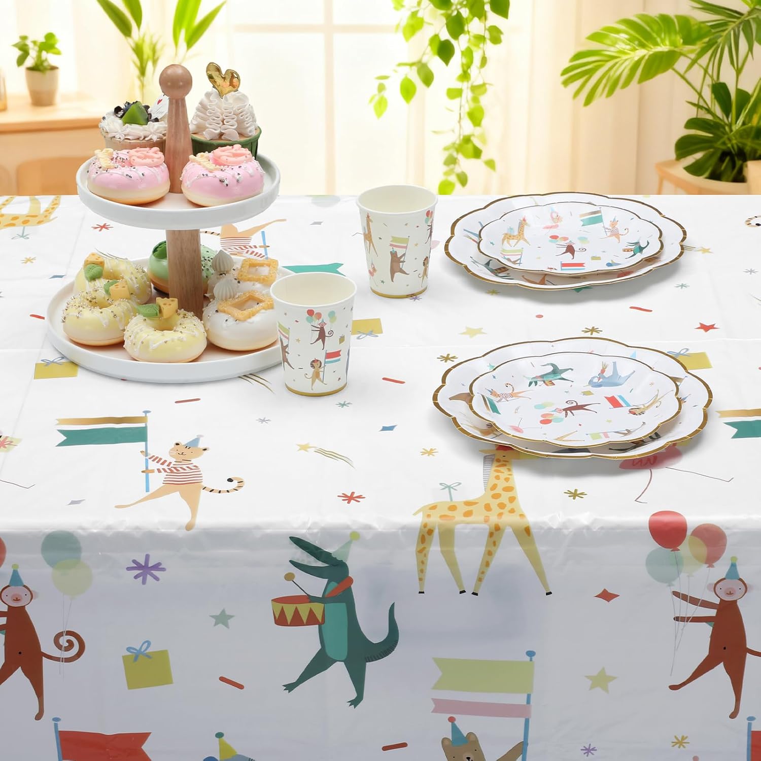 Maxdot 6 Pieces Animal Parade Party Tablecloths 108 × 54 Inch Safari Theme Table Cover, Plastic Disposable Table Cloth Zoo Party Supplies for Jungle Baby Shower, Animal Themed Birthday Decorations