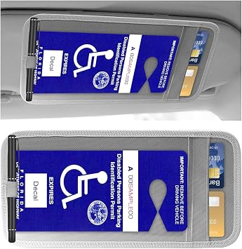 JOYCOURT Handicap Placard Holder for Car, Disabled Parking Permit Sign Protector, Car Interior Sun Visor Storage Clip with Pen Holder, Note Paper Slot, Elastic Strap Grey