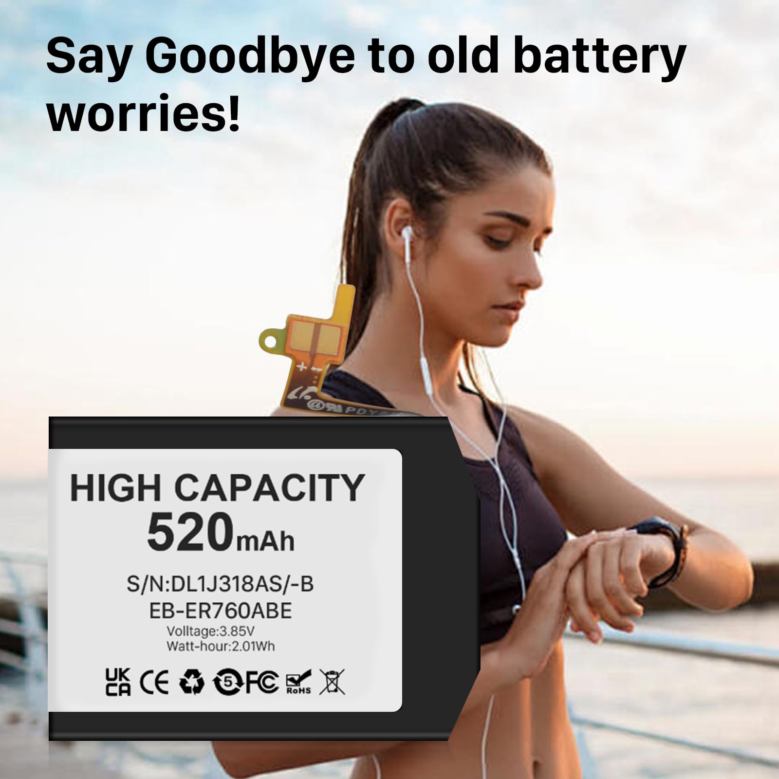 [520mAh] Batterie pour Samsung Gear S3 Classic, Gear S3 Frontier, SM-R760 SM-R765 SM-R770 EB-BR760ABE, Haute Capacité Remplacement Batterie avec Outils de réparation