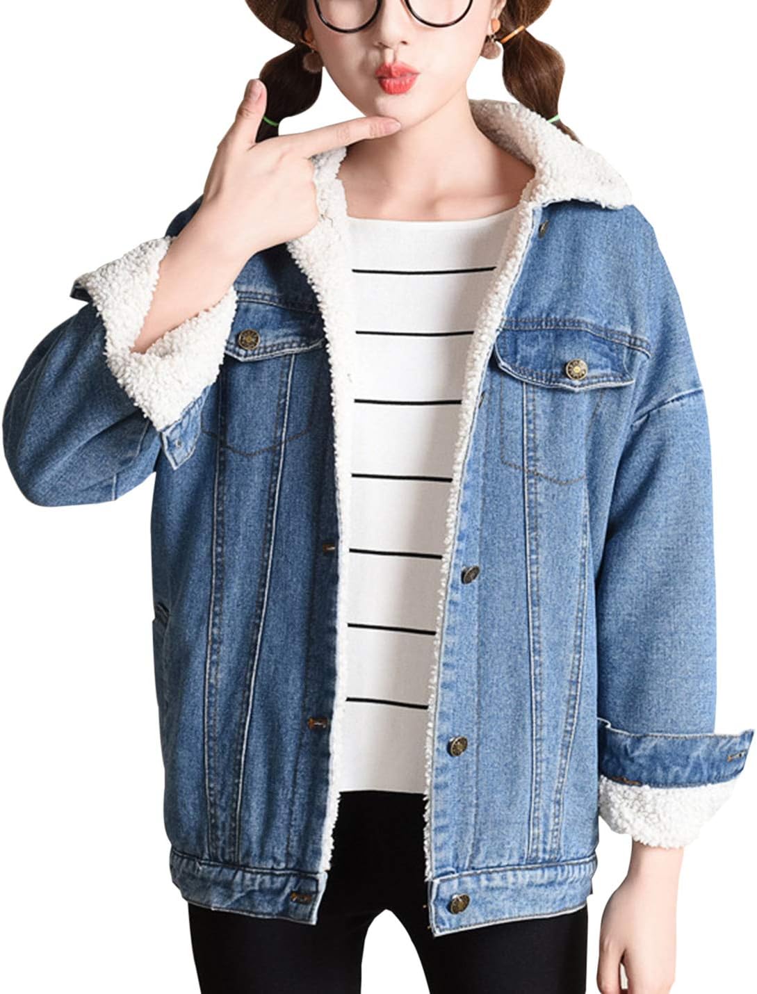 معطف Yimoon حريمي فضفاض مبطن بالصوف من قماش الدنيم سميك دافئ مبطن بنسيج