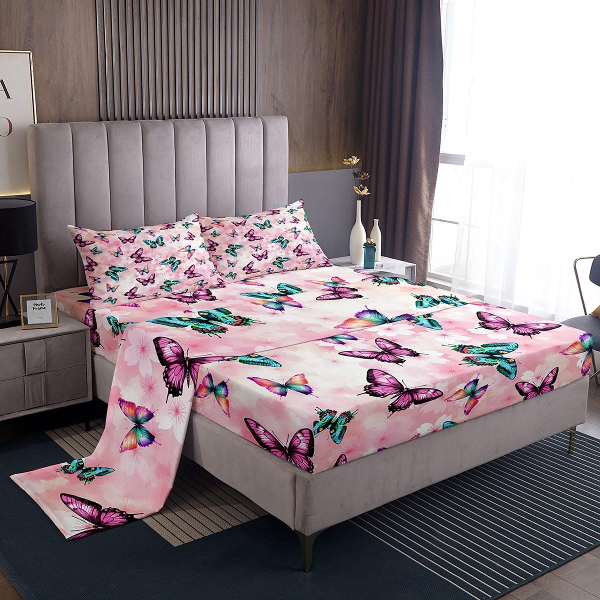 Parure de lit papillons rose pour très grand lit avec drap-housse et taies