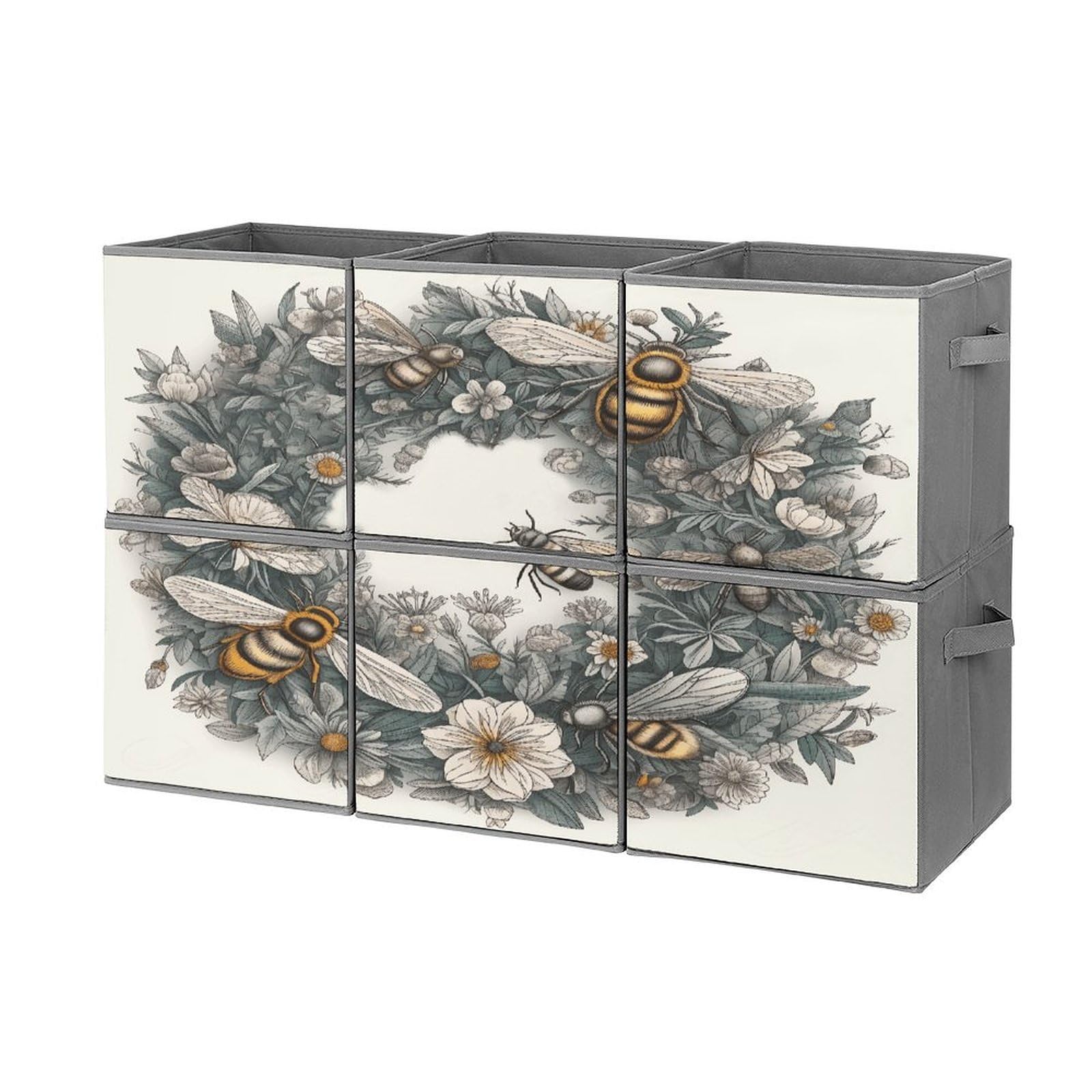 Btcowzrv Style Hand Drawn Wreath And Bee Storage Cubes, 6 Pack Oxford Fabric Foldable Collapsible Bins With Handles, Cubby Storage Baskets Boxes For Closet Shelves Office Organization