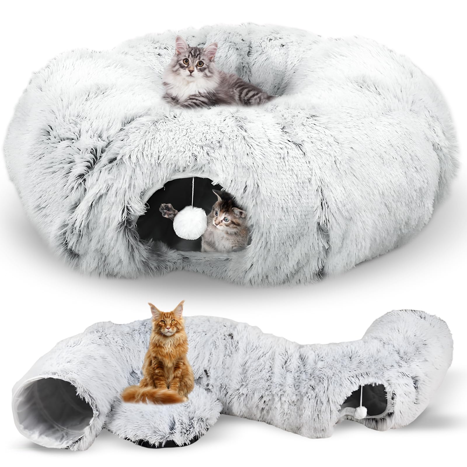 Tunnel per gatti rotondo con cuscino letto, tunnel per gatti rotondo con cuscino rimovibile, con tappetino rimovibile e palline tremanti, grigio chiaro