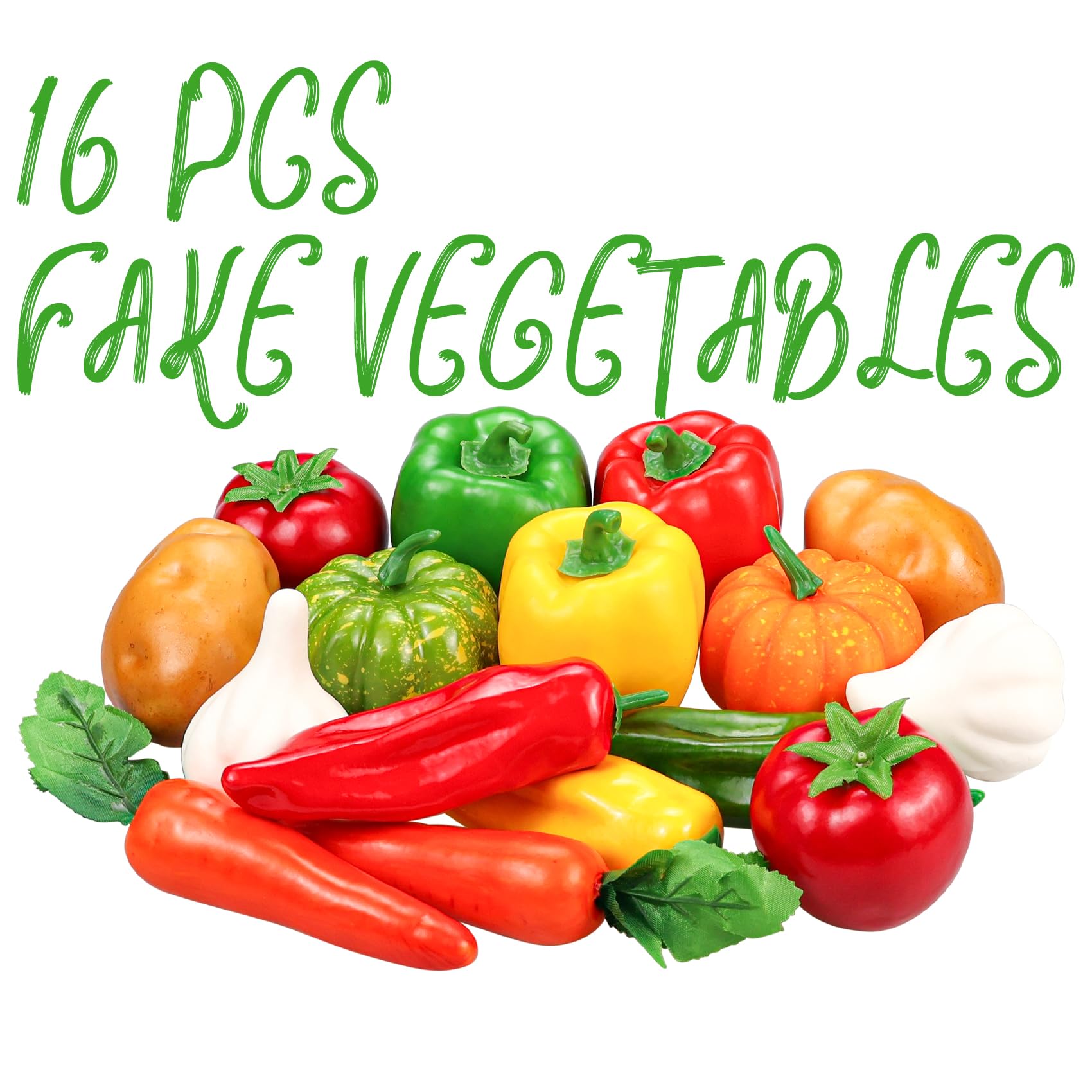 16 Pieces Fake Vegetables, Artificial Vegetables for Decoration Kitchen, Realistic Faux Vegetables Props Display, Fake Tomatoes Potatoes Garlic Bell Peppers