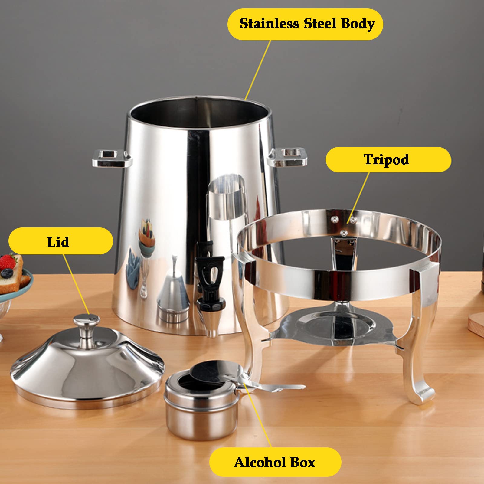 Chafer Urna in acciaio inox, 13 l, dispenser per bevande calde con mini bruciatore per buffet e ristoranti, finitura cromata, contenitore per bevande calde, 3,5 galloni
