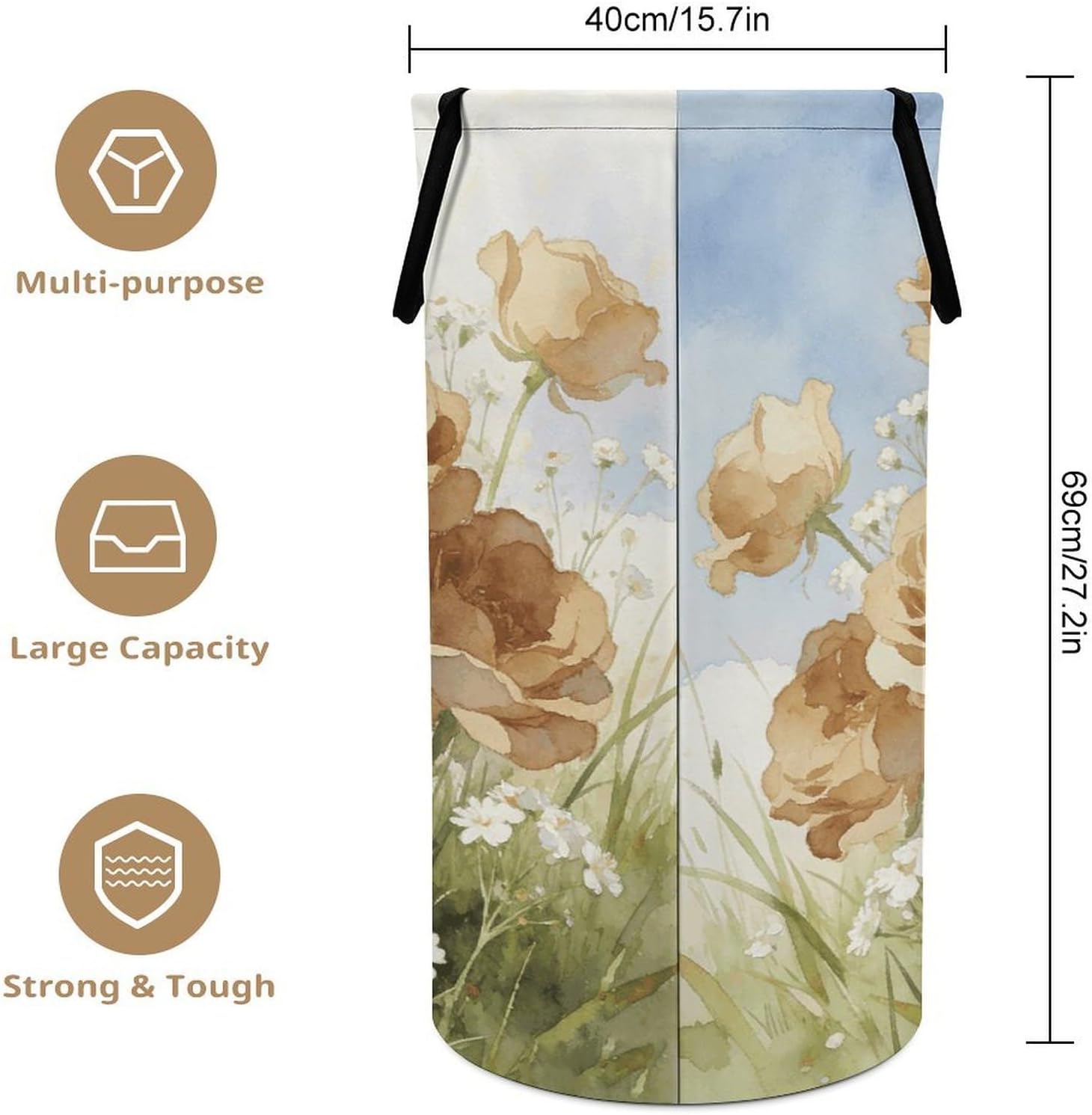 Khaki Flowers Laundry Hamper Portable Lightweight Clothes Hampers Fashion Dirty Laundry Storage Basket Large Capacity Foldable Clothes Baskets for Bathroom Bedroom