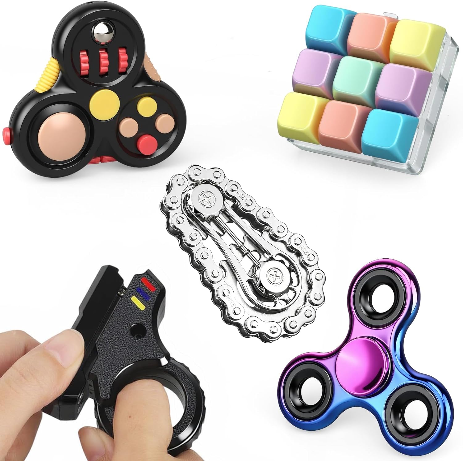 5PCS Fidget Toys Adults Set, Sensory Pack with Fidget Slider Figette Cube Pad Finger Bike Chain for Kids Teen, Cool Gadget Desk Spinner Party Favor
