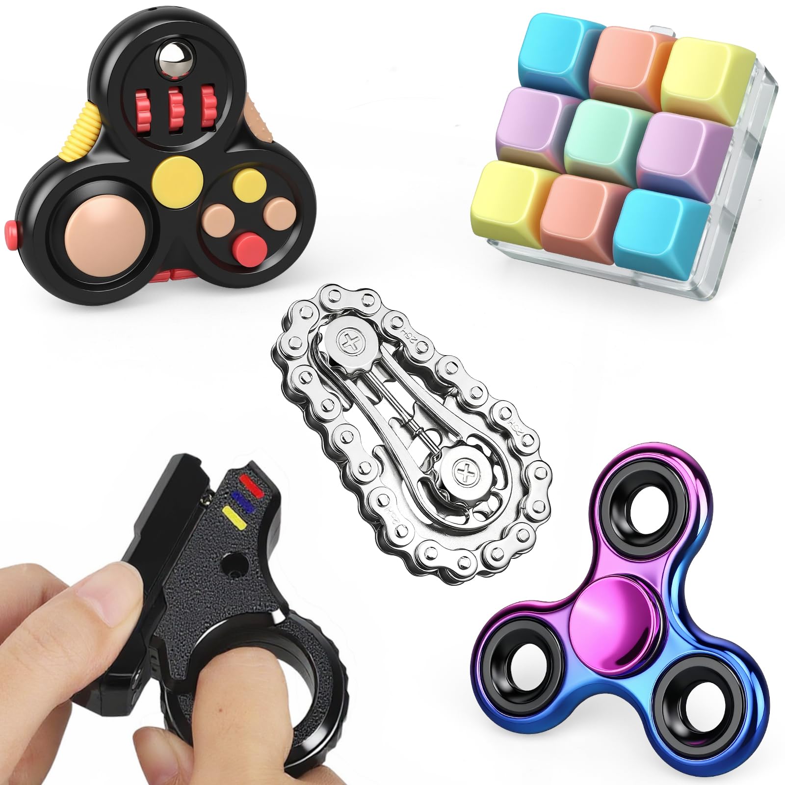 5 giocattoli fidget bluk, sensoriali Fidget Slider Ring Figette Cube Pad Finger Bike Chain Keyboard per calza di Natale Stuffers stress ansia Goodie Bag regalo per adolescenti adulti