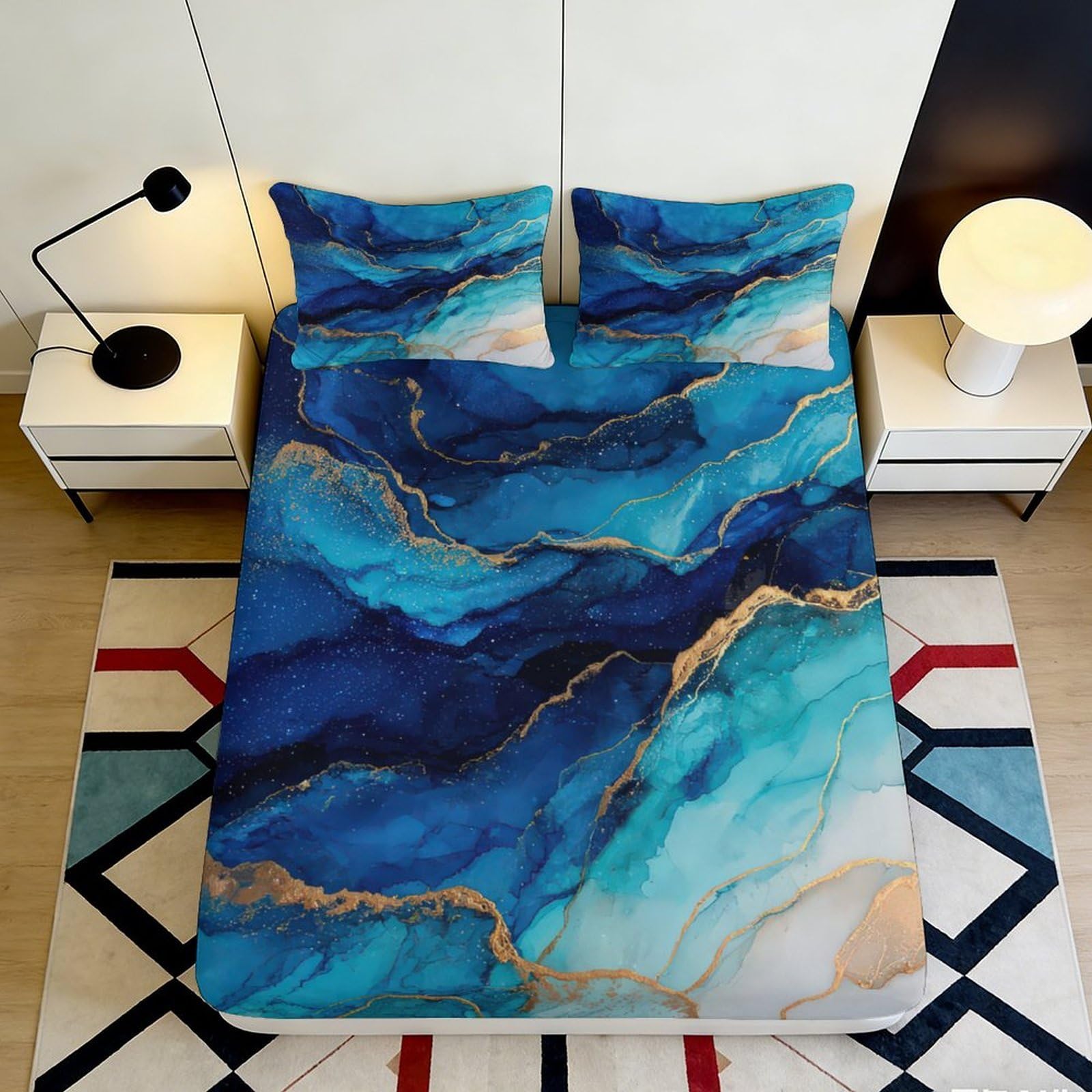 3D Printed Blue Marble Fitted Sheet Microfiber Soft Durable Ocean Wave Bed Cover for Bedroom Dormitory Guest Room Mattress Protection 120x200x25cm