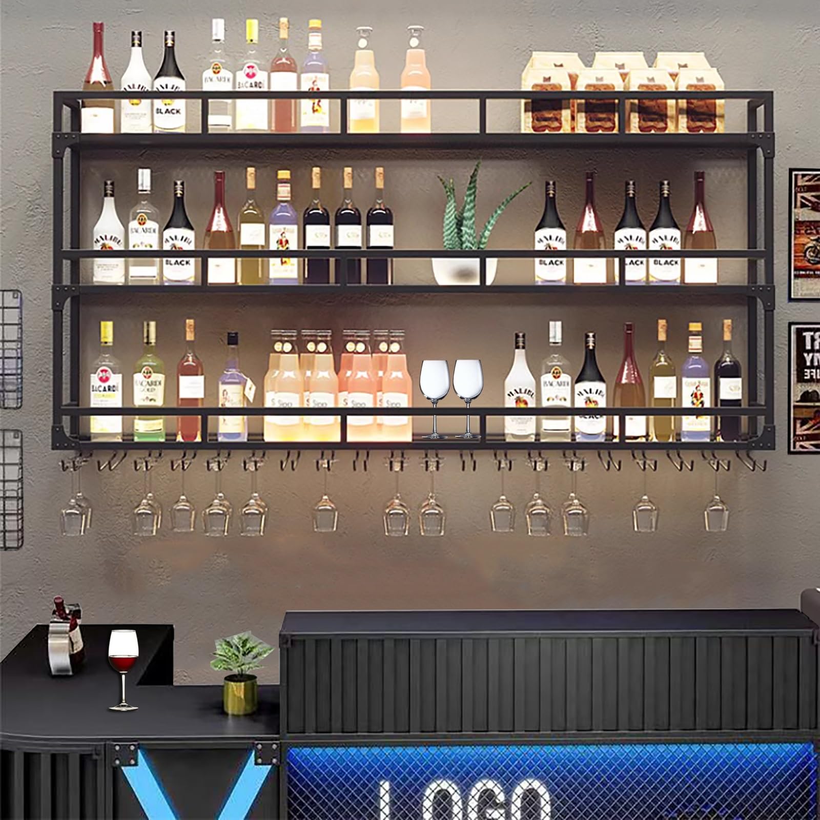Étagère à vin de bar murale en fer noir avec support de verres suspendus