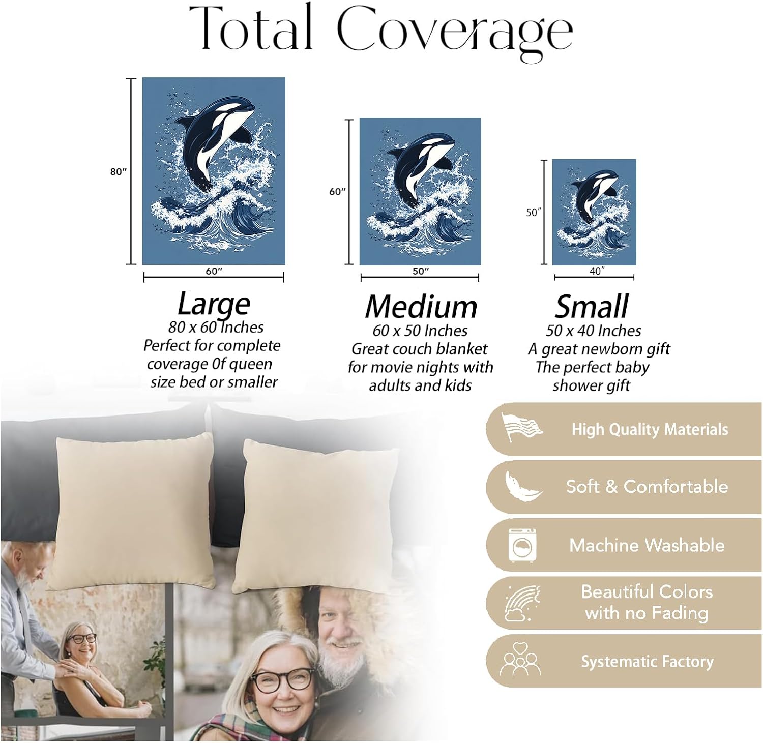 Jumping Killer Whale Blanket, Soft Warm Cozy Throw Blanket Gifts for Adults Kids Women, Lightweight Fuzzy Comfy Flannel Blankets for Couch, Travel, Bed, House Decor 60×50 Inch