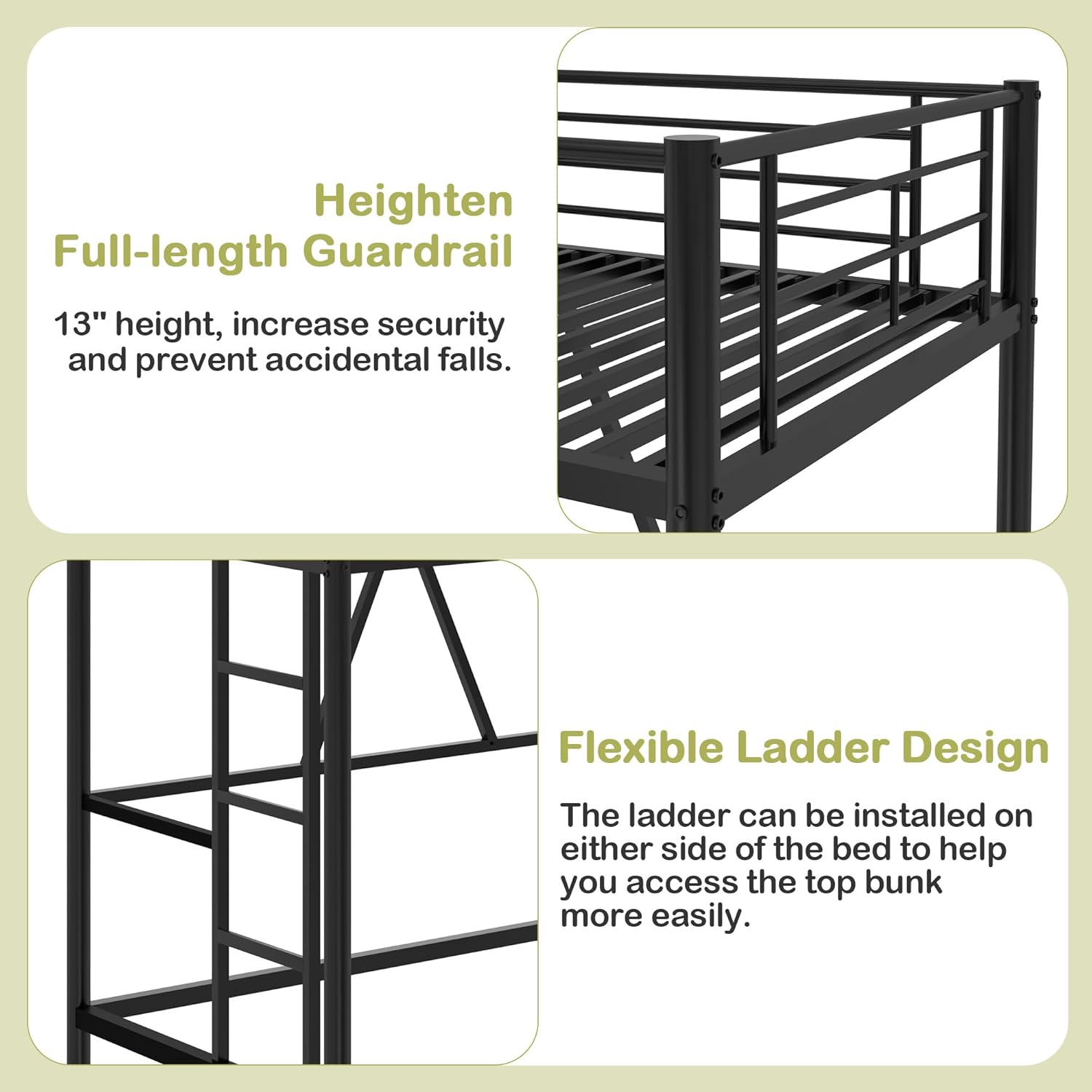 VECELO Loft Bed Twin Size, Metal Bedframe with Removable Ladder and Safety Guardrail, No Box Spring Needed, Space Saving, Noise Free, Matte Black