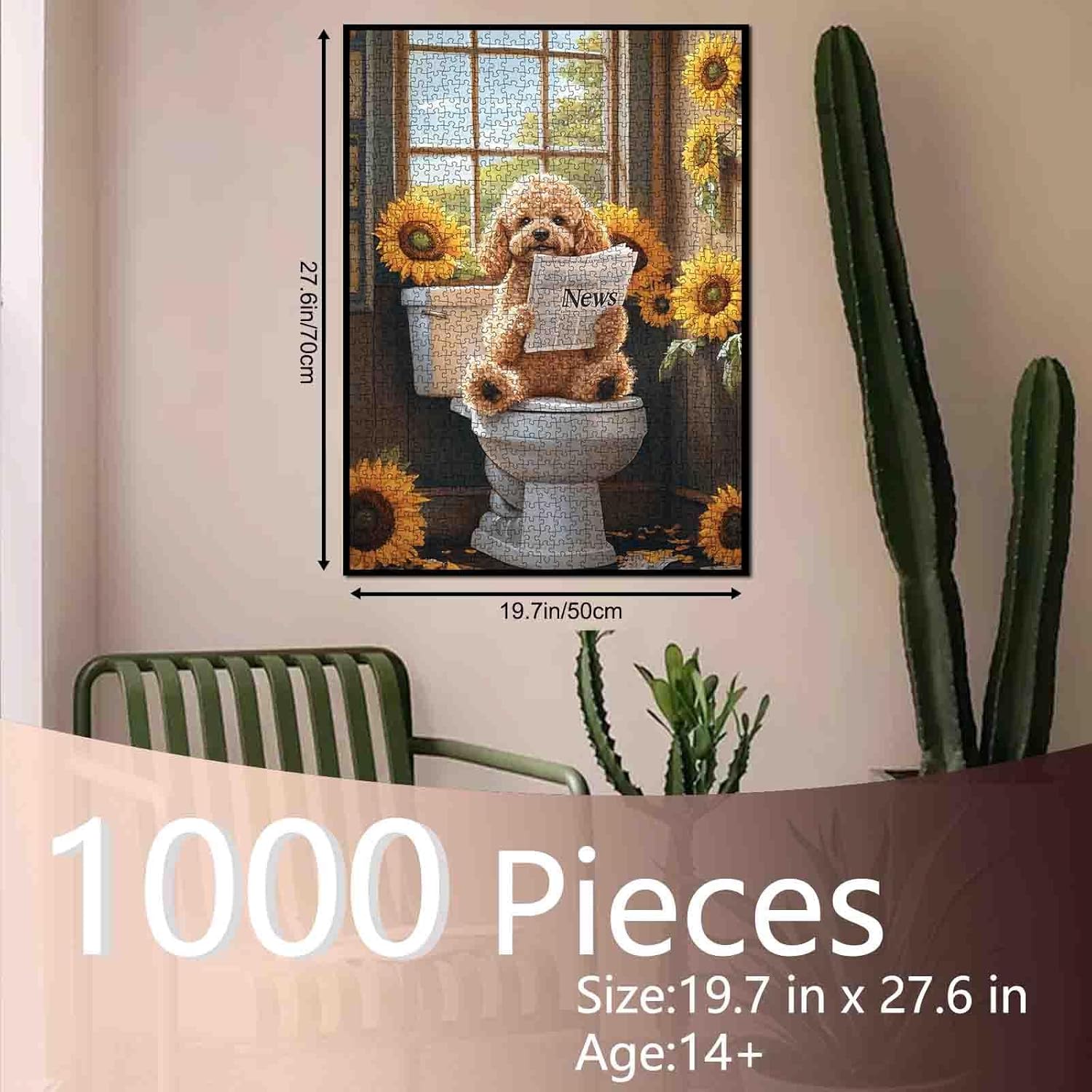Tucocoo Funny Dog Bathroom Puzzle for Adults, 1000 Piece Jigsaw Cute Poodle Reading Newspaper on Toilet with Sunflowers Puzzles, Challenging Puzzles for Adults, Family Games, Home Wall Art Decor Gift