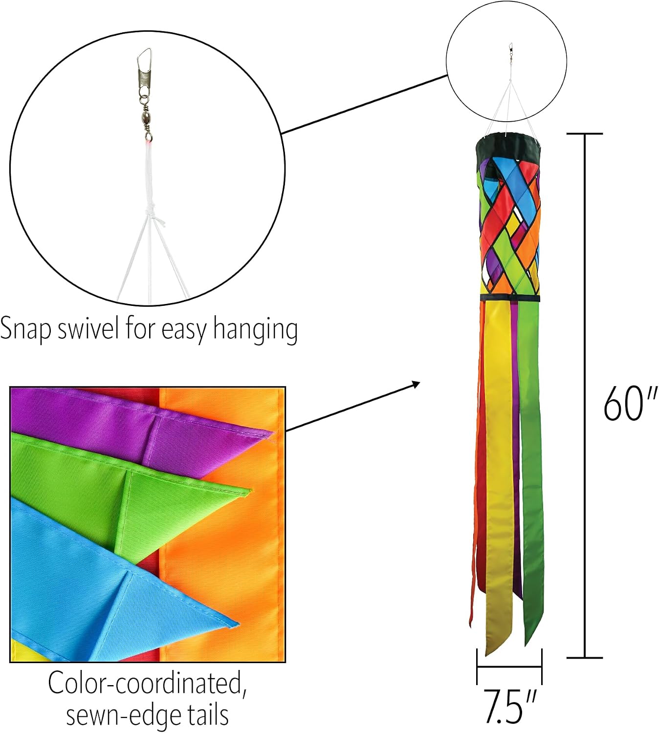 In the Breeze 5210 — Fiesta Diagonal Weave 60" Windsock — Colorful Lattice Windsock with Color-Coordinated Tails