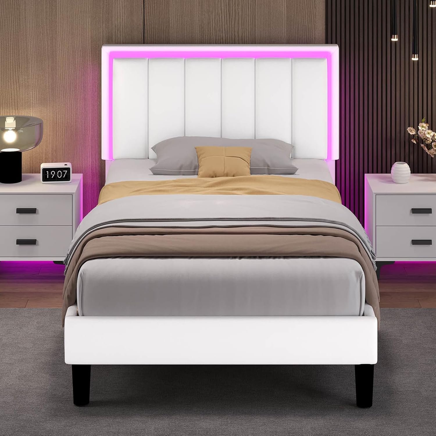 IMMERSTABLE Twin Bed Frame, Twin Bed Frames with Headboard, Upholstered and RGB LED Lights, Heavy Duty Wood Slats Support, Noise-Free, No Box Spring Needed, Easy Assembly, White