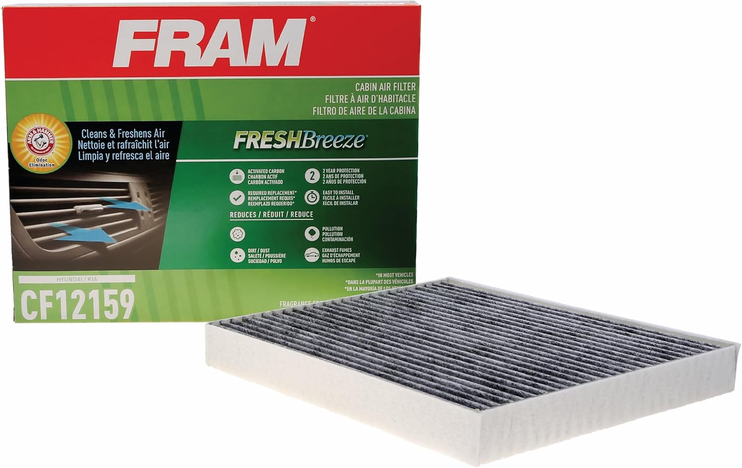 FRAM Fresh Breeze Cabin Air Filter Replacement for Car Passenger Compartment w/ Arm and Hammer Baking Soda, Easy Install, CF12159 for Select Hyundai and Kia Vehicles