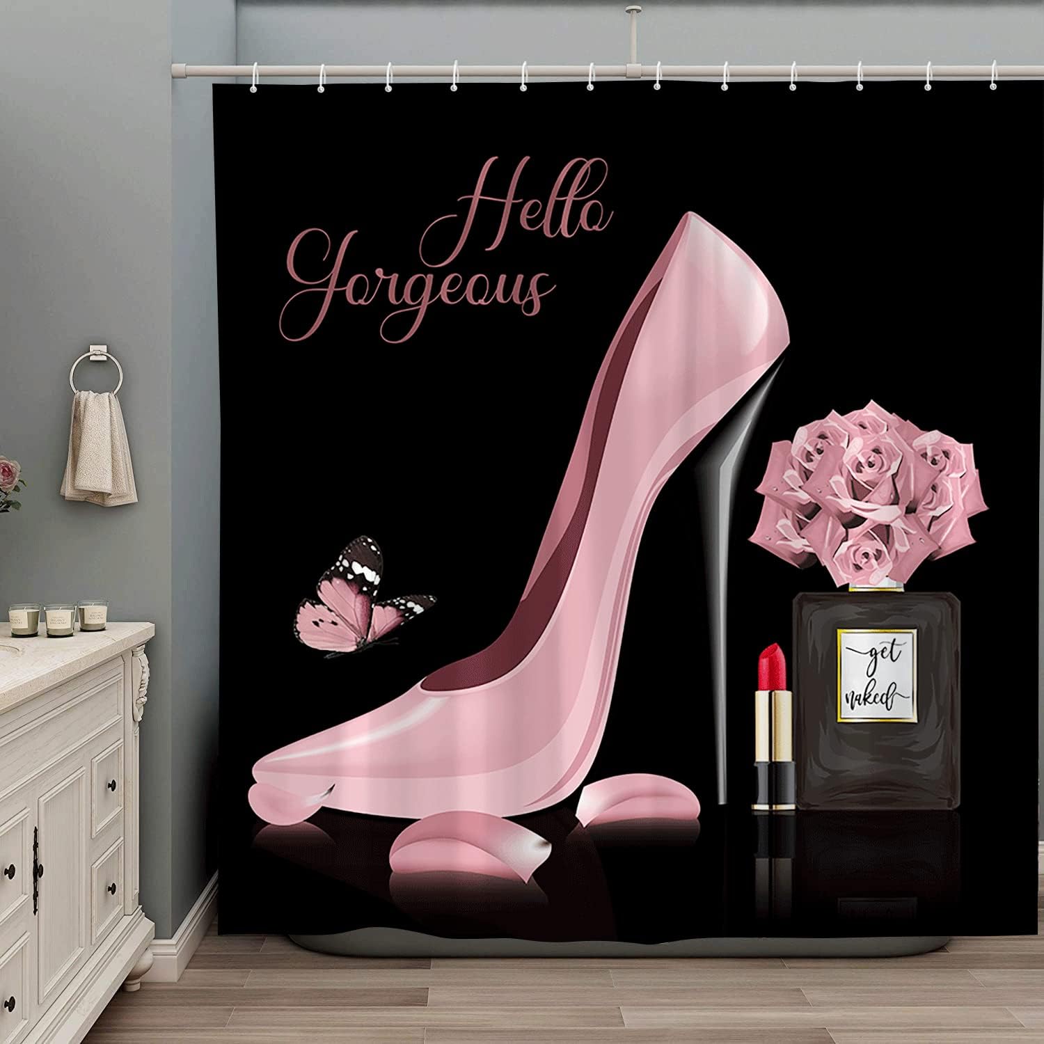 Fashion Girls Shower Curtain Hello Gorgeous Purple High Heel Perfume Bottle Lipstick Rose Flower Valentine's Day Romantic Love Modern Woman Polyester Bathroom Decor Set with Hooks 70Wx90H Inch