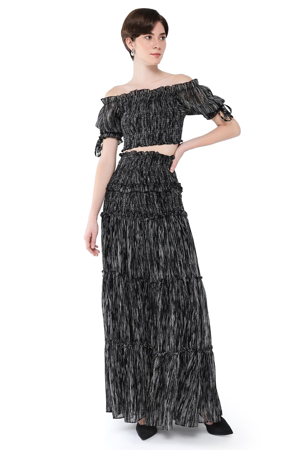 Women Abstract Two-Piece Co Ords | Off Shoulder Half Sleeves Georgette Co-Ords for Womens | Mid-Rise Regular Fit Co-Ord for Women's-image-48